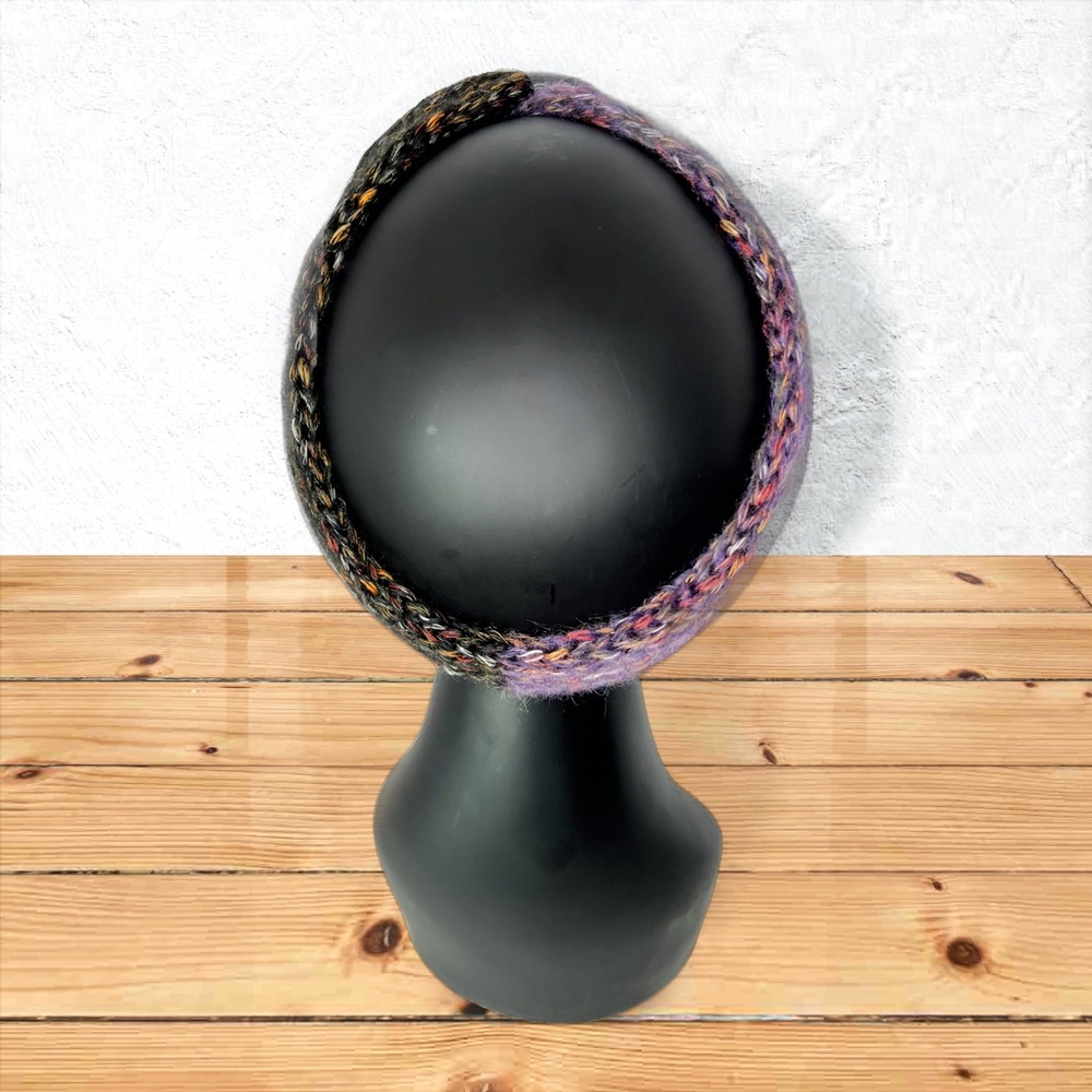 Handmade Cotton Alpaca Tweed Knit Twist Ear Warmers Purple Iris & Black Charcoal - Picture 6 of 10